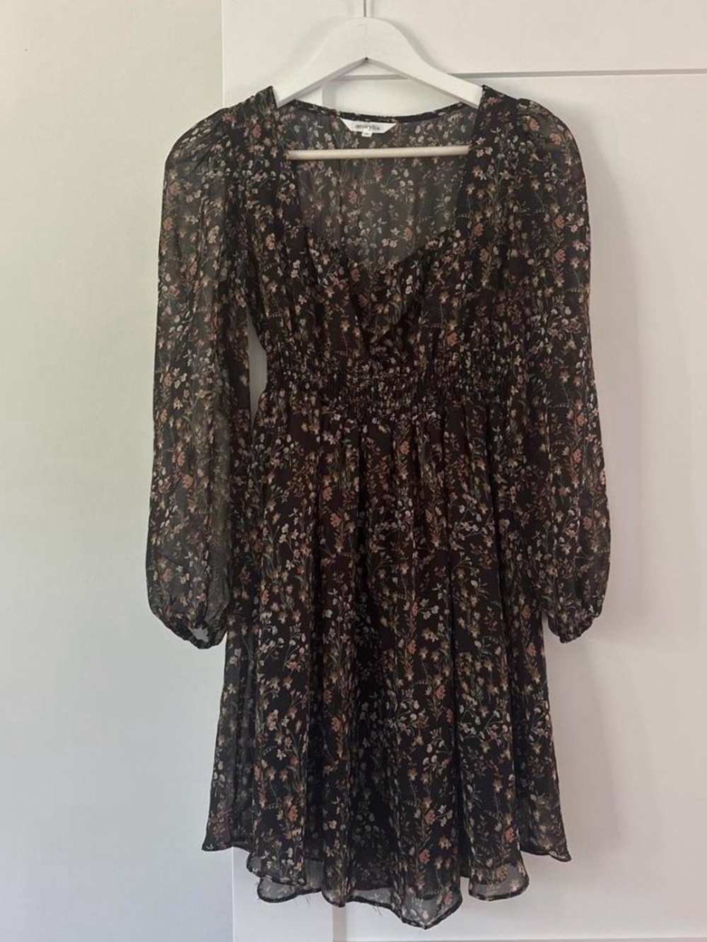 Amaryllis Black Floral Long-Sleeve V-Neck Smocked Waist Dress